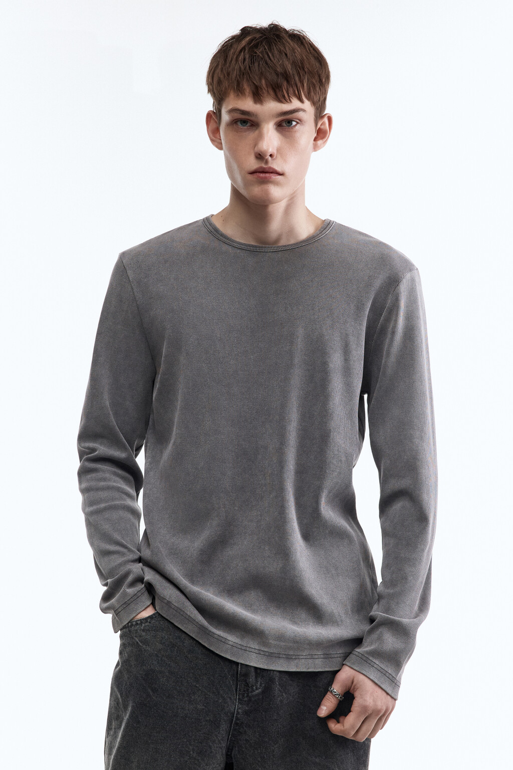 Лонгслив хлопковый облегающий в рубчик - цвет серый - 3
