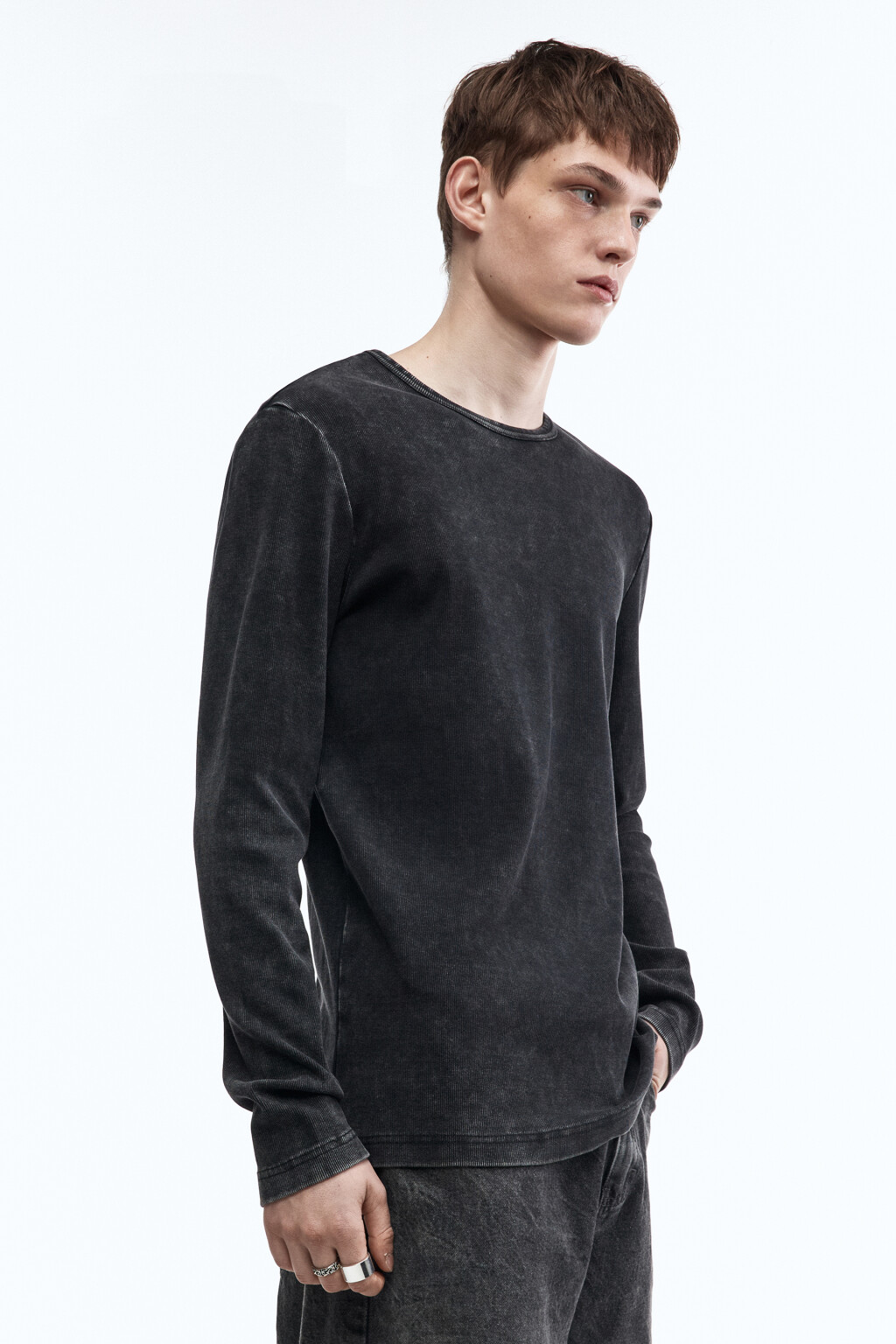 Лонгслив хлопковый облегающий в рубчик - цвет черный - 4