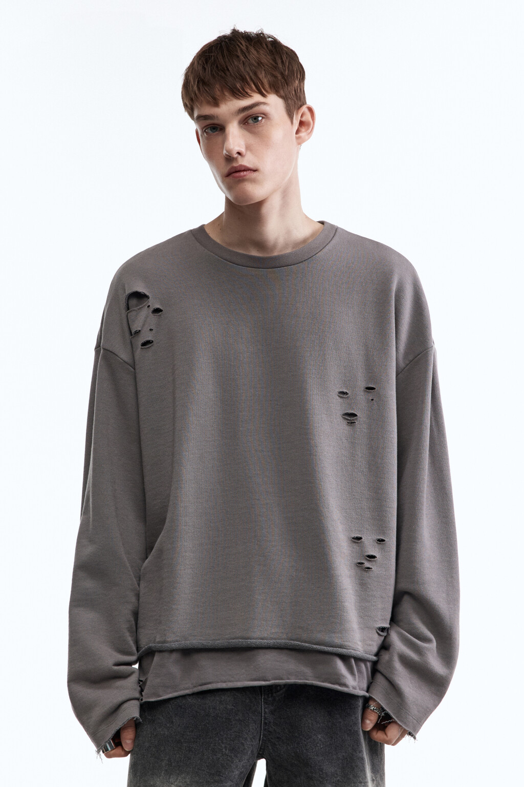 Лонгслив oversize рваный двуслойный - цвет серый - 3