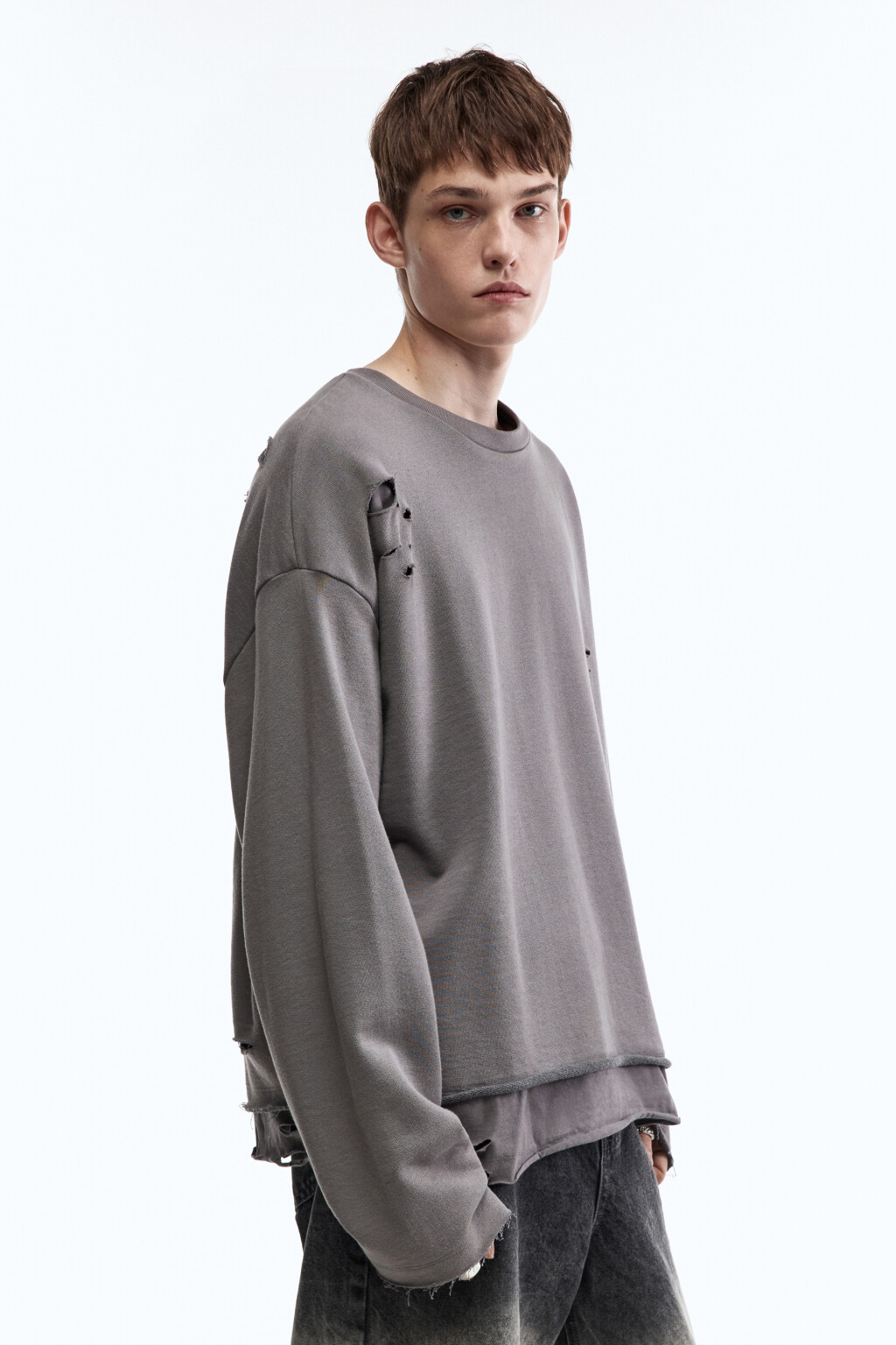 Лонгслив oversize рваный двуслойный - цвет серый - 4