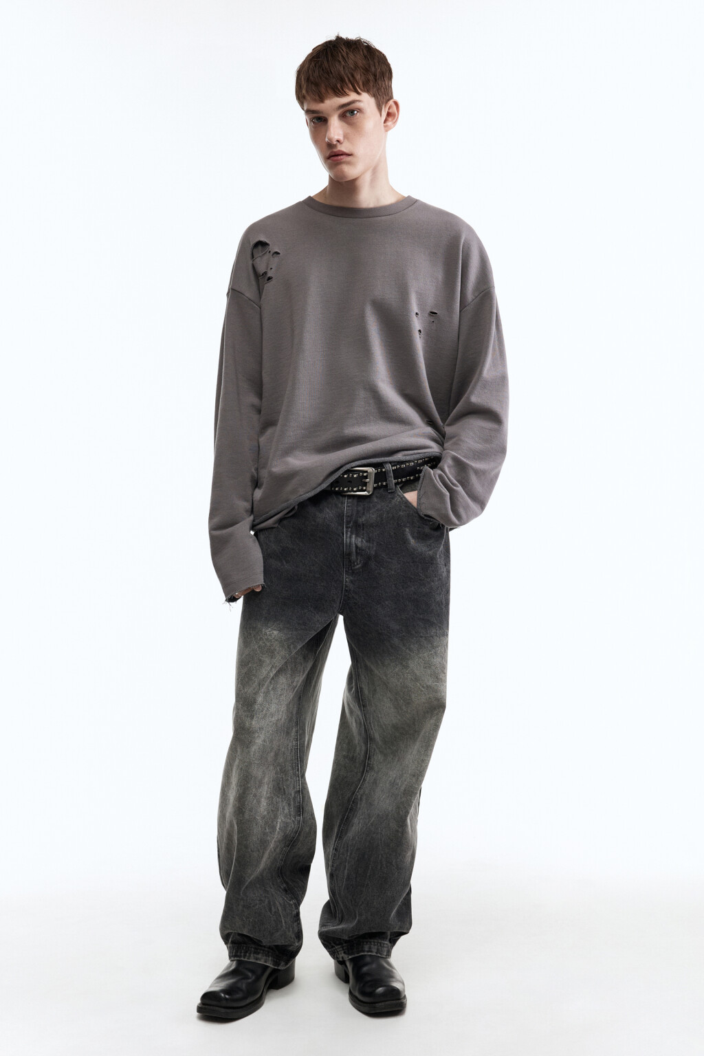 Лонгслив oversize рваный двуслойный - цвет серый - 6