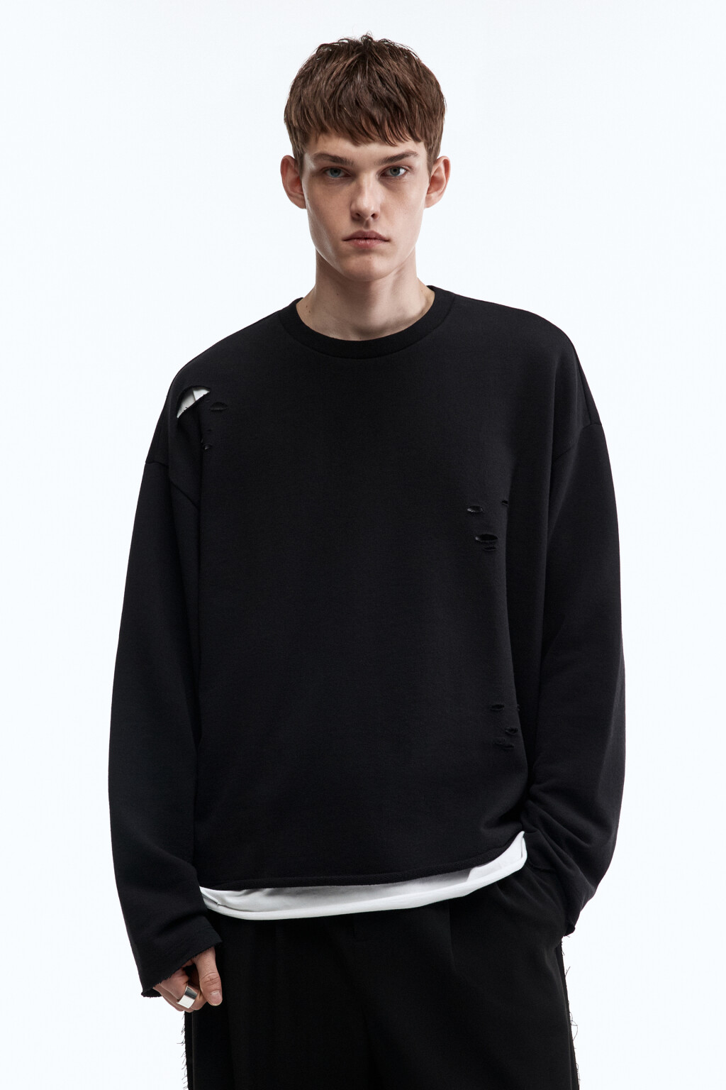 Лонгслив oversize рваный двуслойный - цвет черный - 3