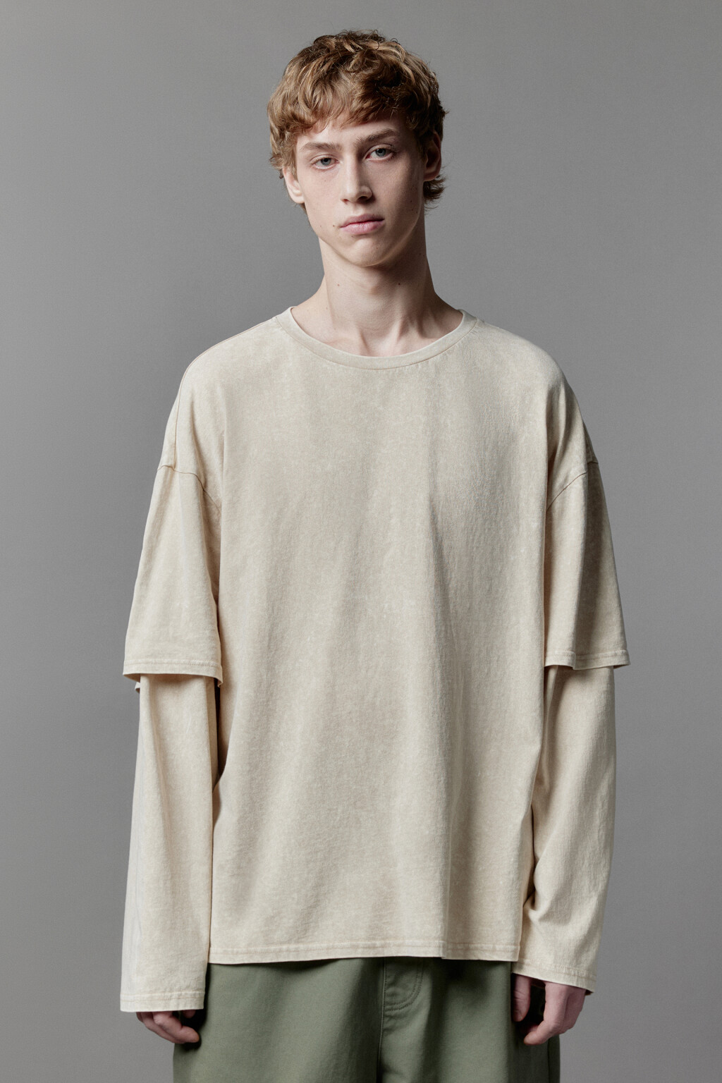 Лонгслив с двойными рукавами и вареным эффектом - цвет бежевый - 2