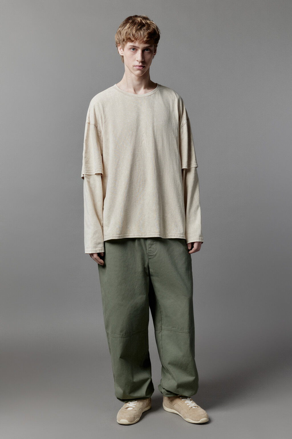 Лонгслив с двойными рукавами и вареным эффектом - цвет бежевый - 1