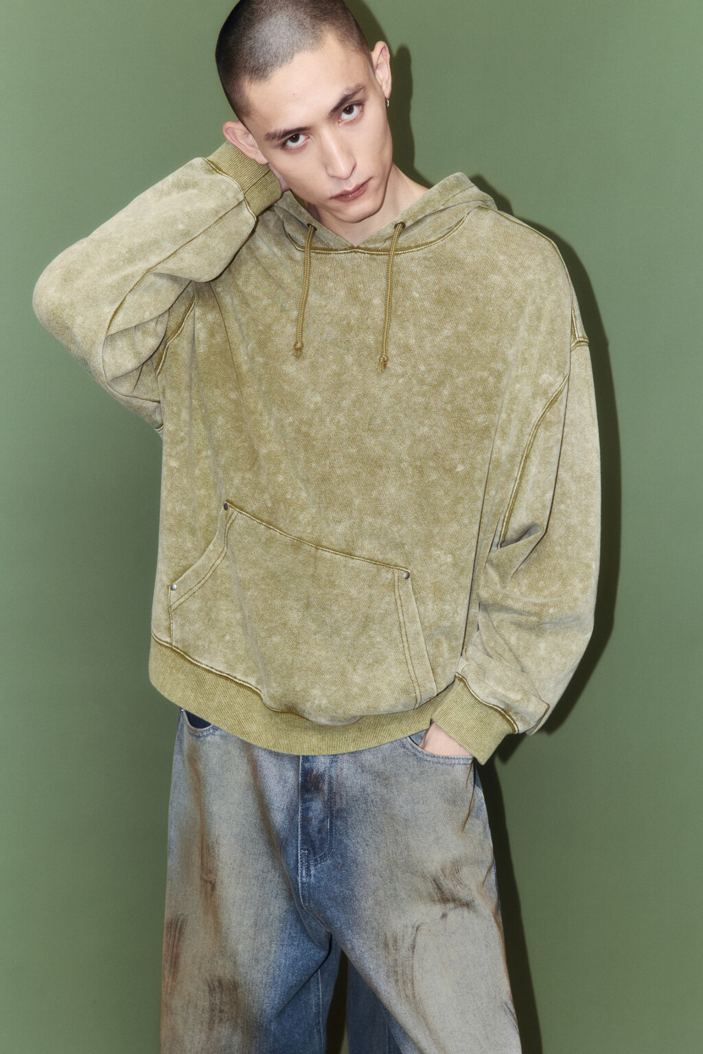 Худи oversize с капюшоном и вареным эффектом - цвет зеленый - 3
