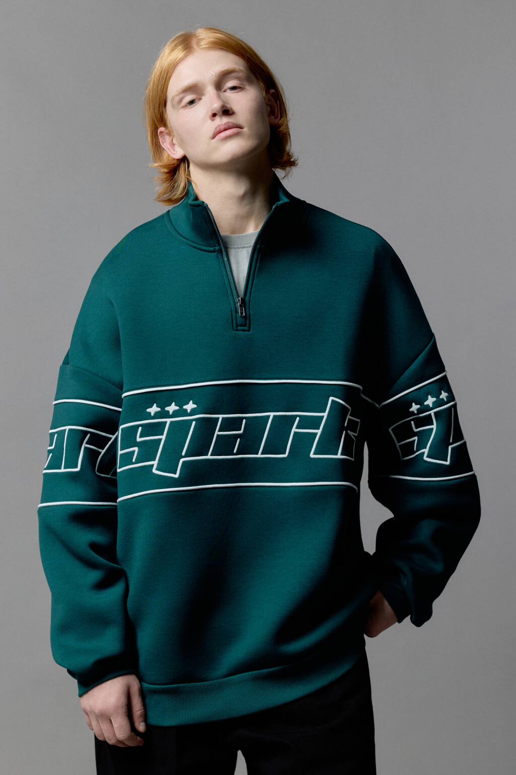 Толстовка half zip с вышитой надписью - цвет зеленый - 4