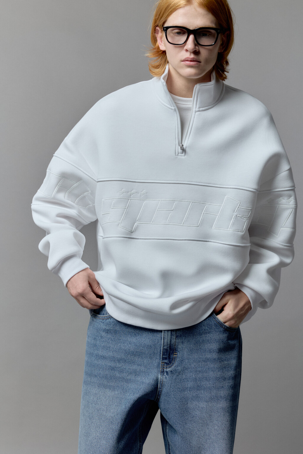 Толстовка half zip с вышитой надписью - цвет белый - 1