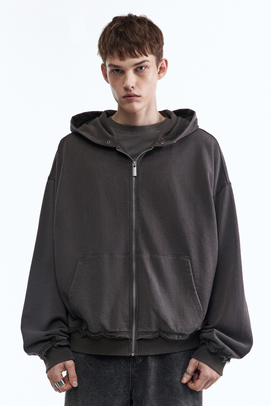 Худи-зипка из футера с вареным эффектом - цвет серый - 2