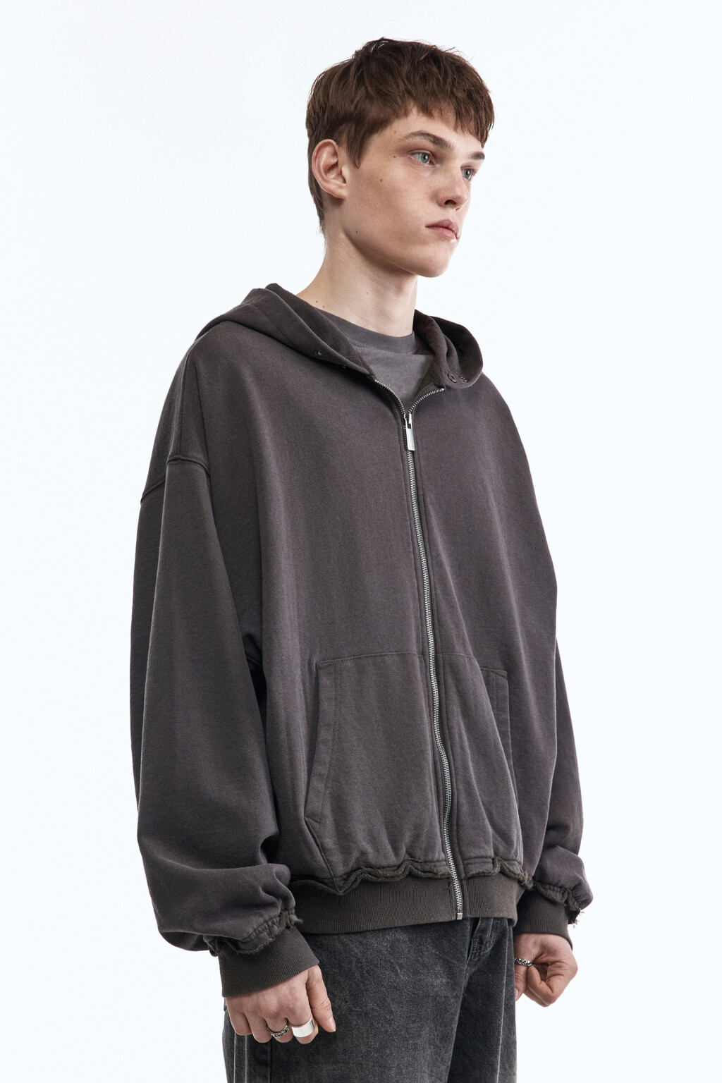 Худи-зипка из футера с вареным эффектом - цвет серый - 3