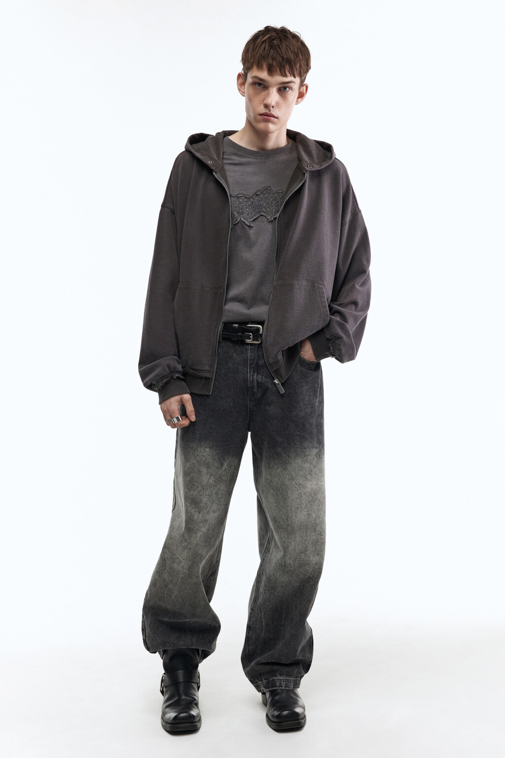 Худи-зипка из футера с вареным эффектом - цвет серый - 5