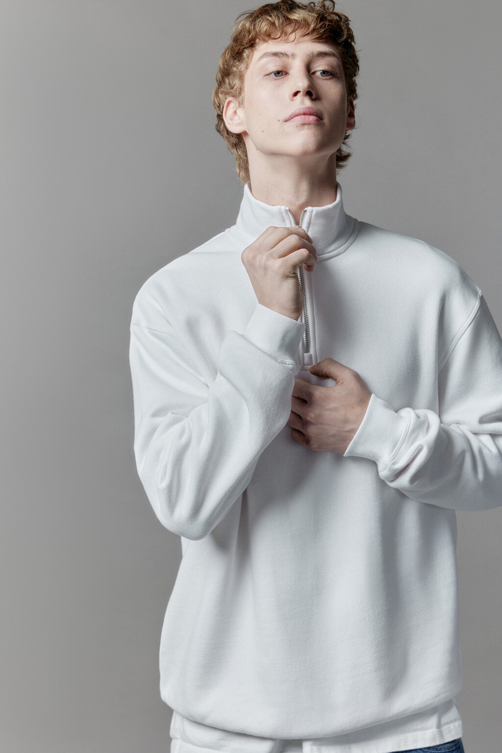 Толстовка half zip утепленная с воротником-стойкой - цвет белый - 1