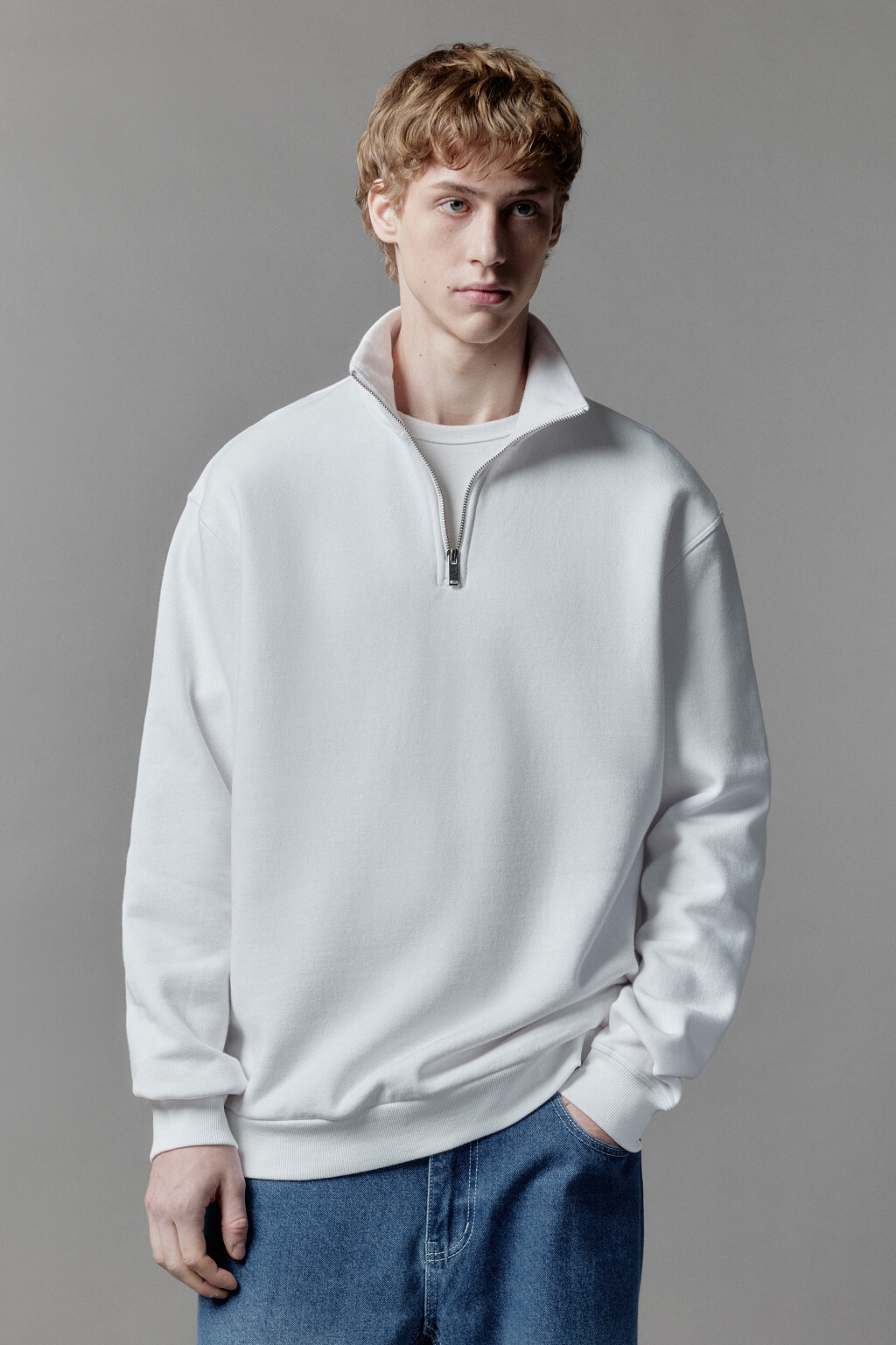 Толстовка half zip утепленная с воротником-стойкой - цвет белый - 2