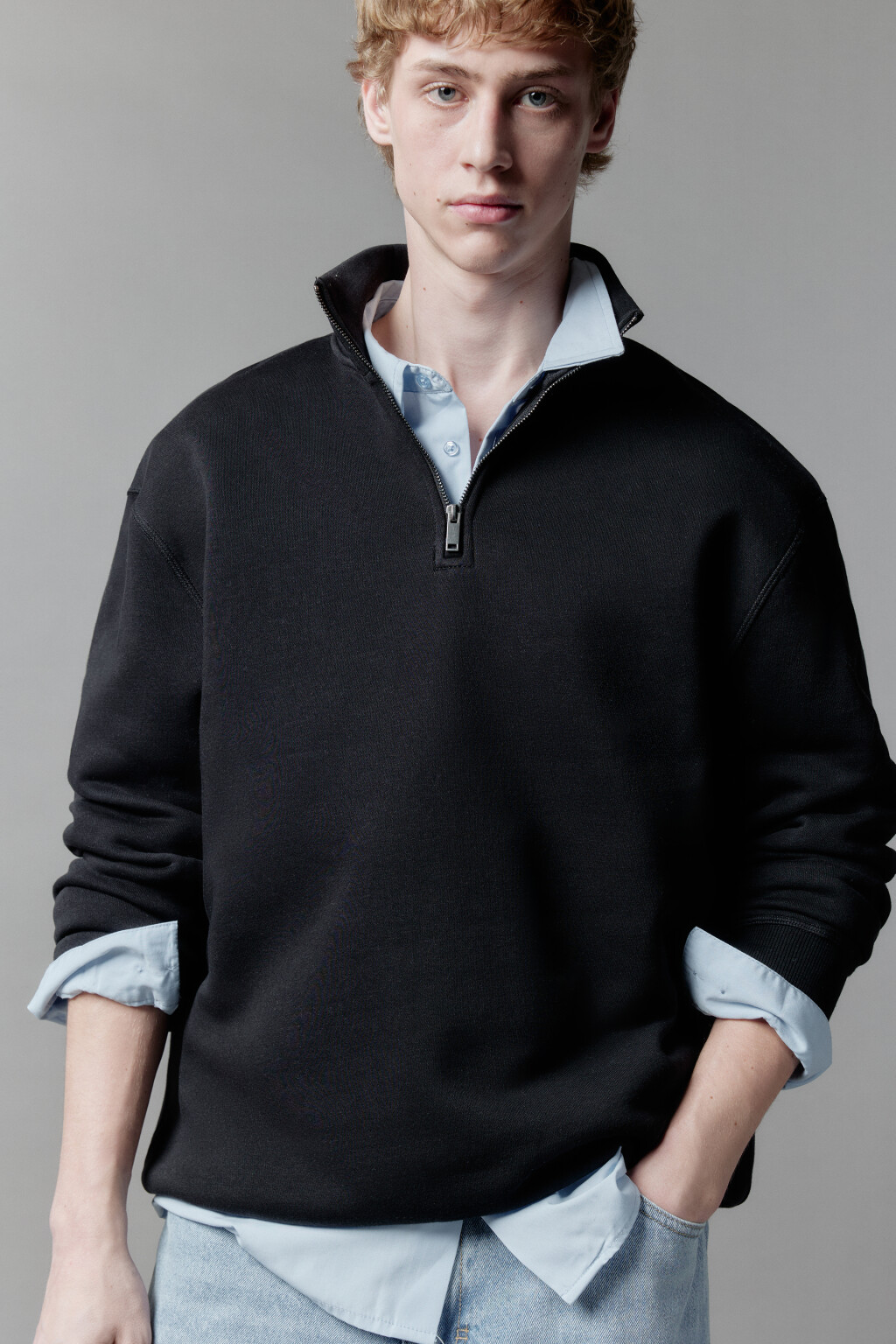 Толстовка half zip утепленная с воротником-стойкой - цвет черный - 1