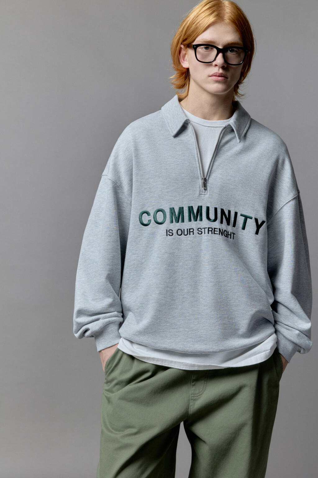 Толстовка half zip с вышитой надписью - цвет серый - 5