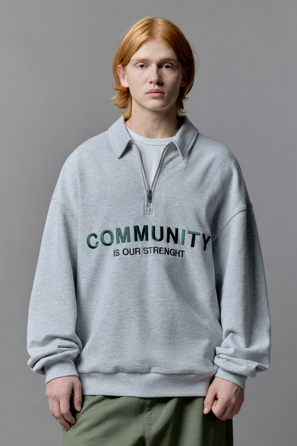 Толстовка half zip с вышитой надписью - цвет серый - 1