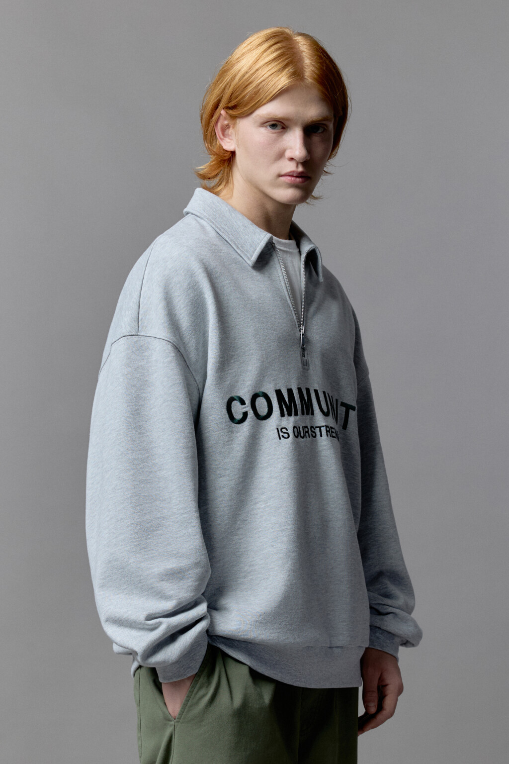 Толстовка half zip с вышитой надписью - цвет серый - 2