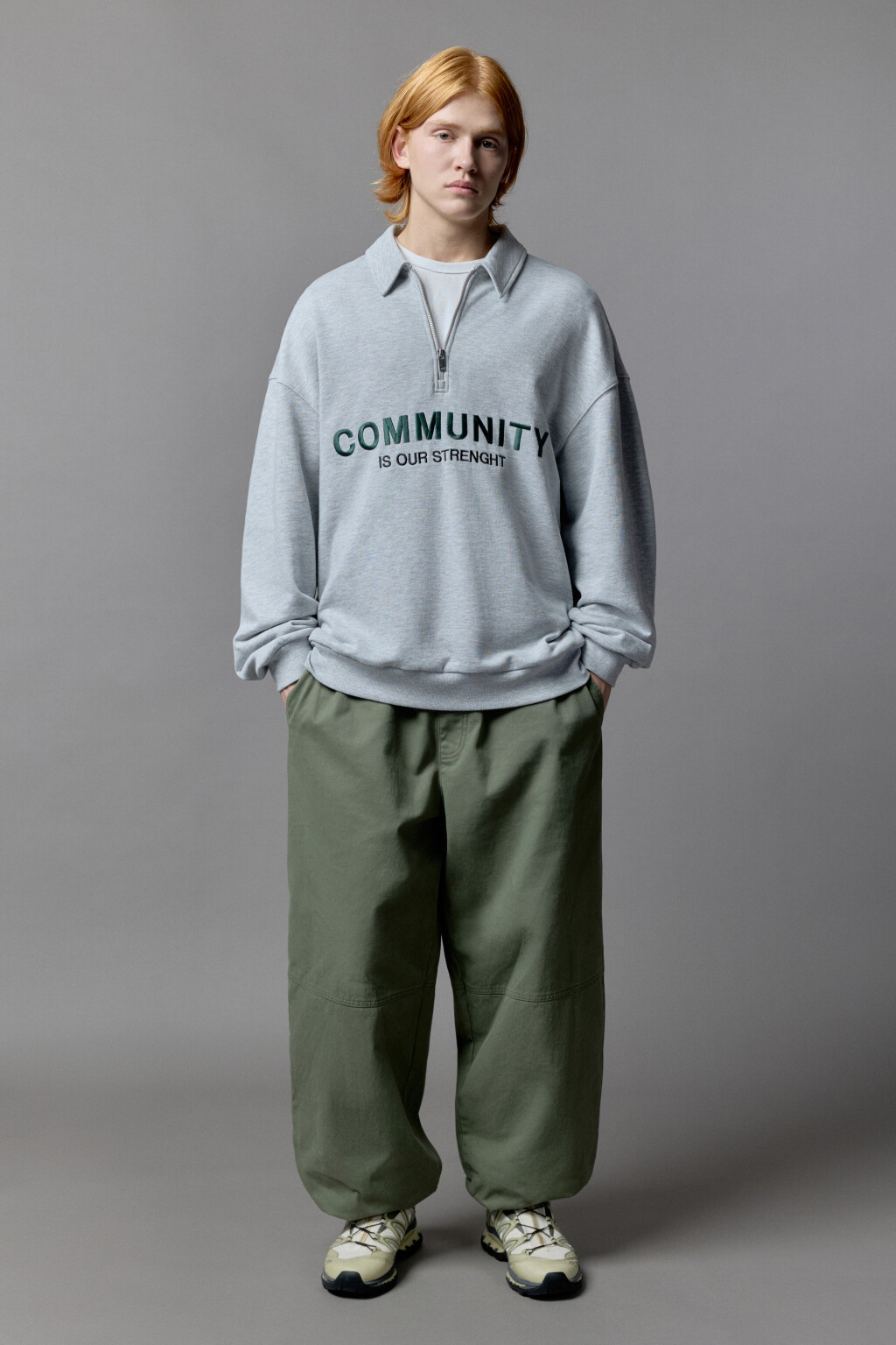 Толстовка half zip с вышитой надписью - цвет серый - 4