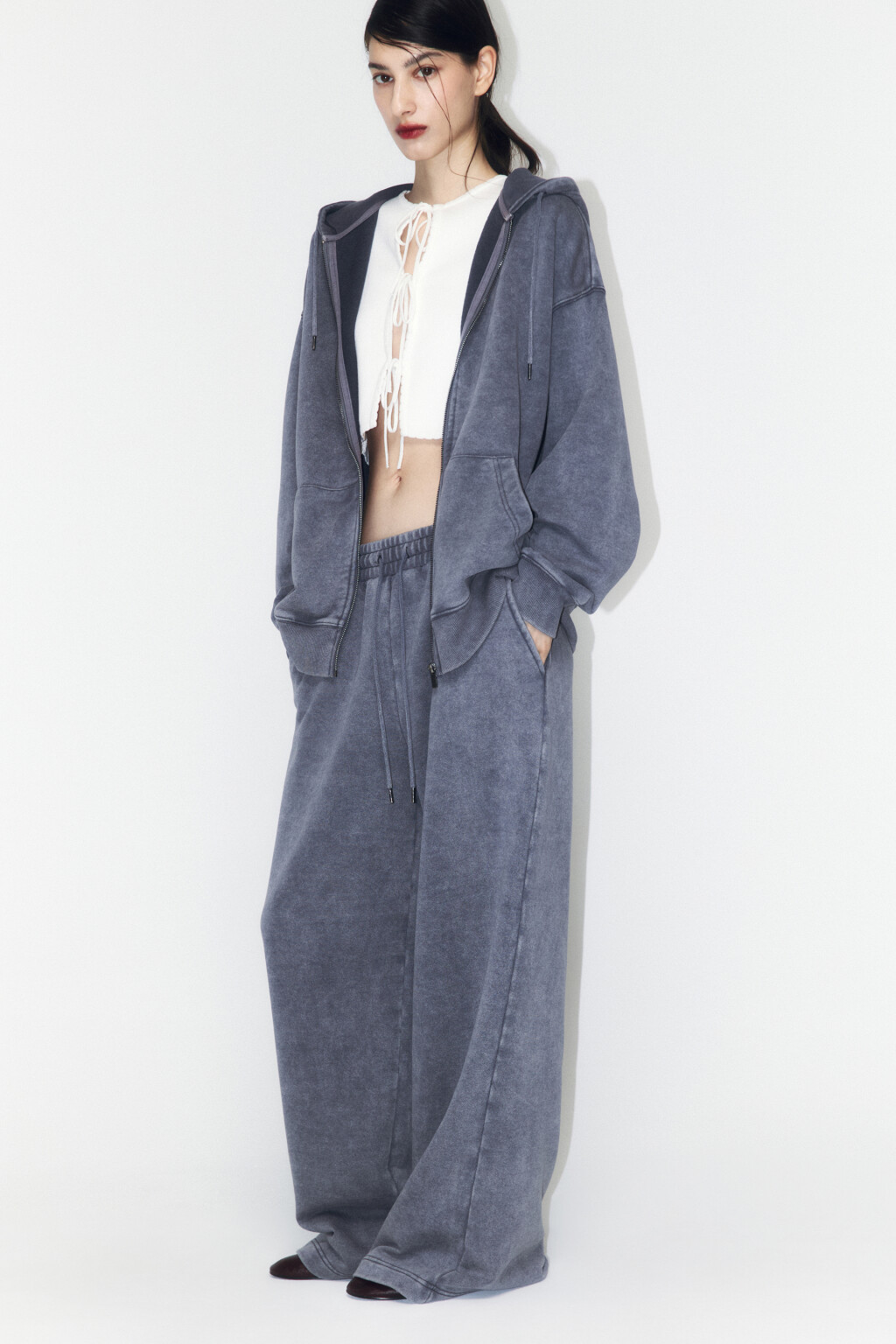 Брюки широкие трикотажные из футера - цвет серый - 1