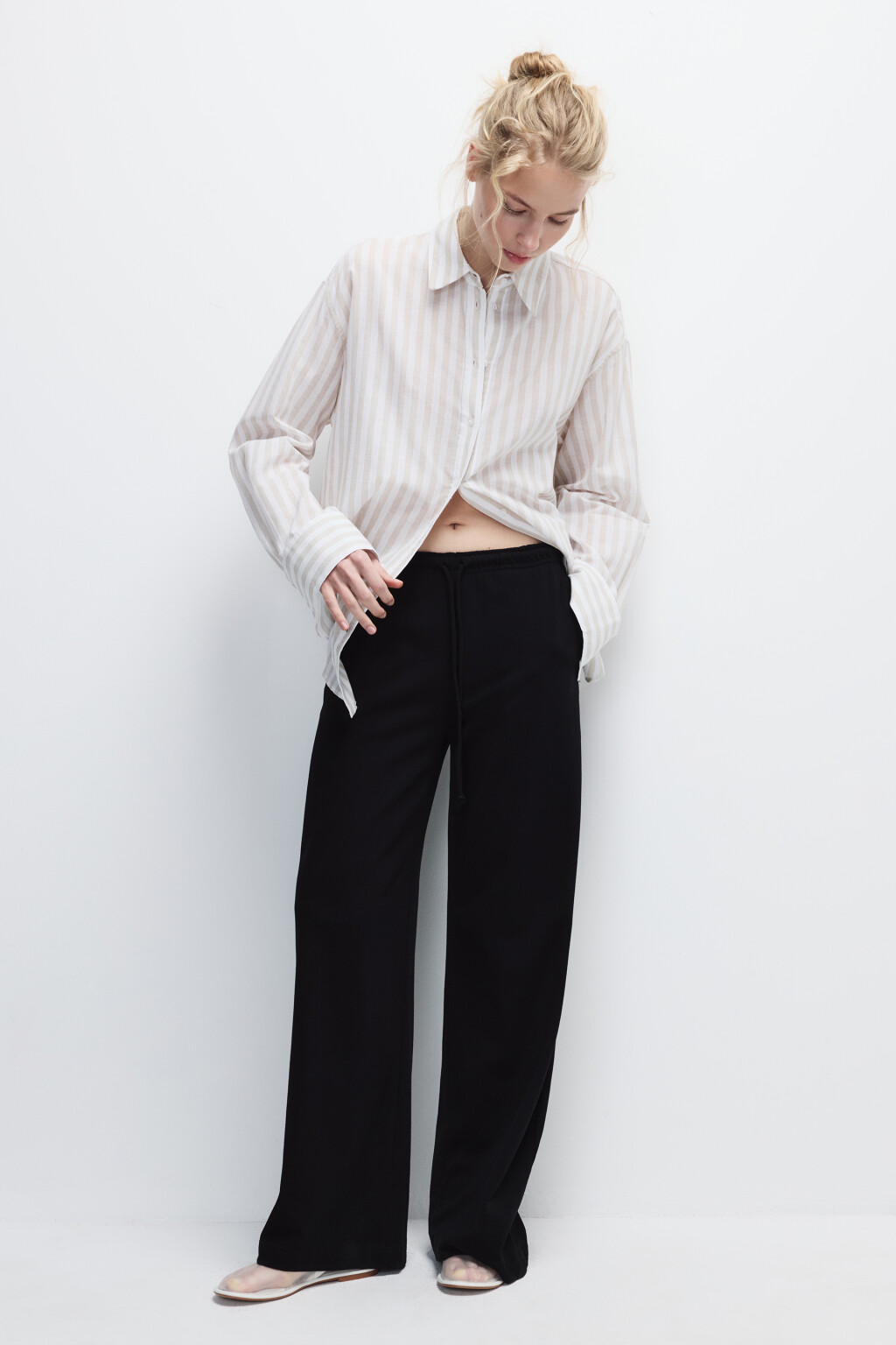 Брюки прямые трикотажные с завязками - цвет черный - 1