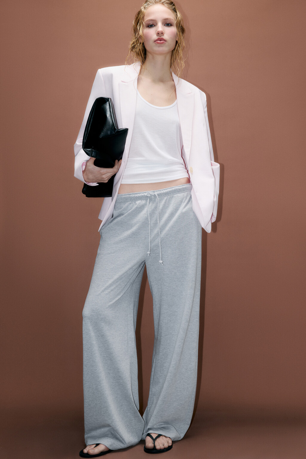 Брюки широкие трикотажные с завязками - цвет серый - 1