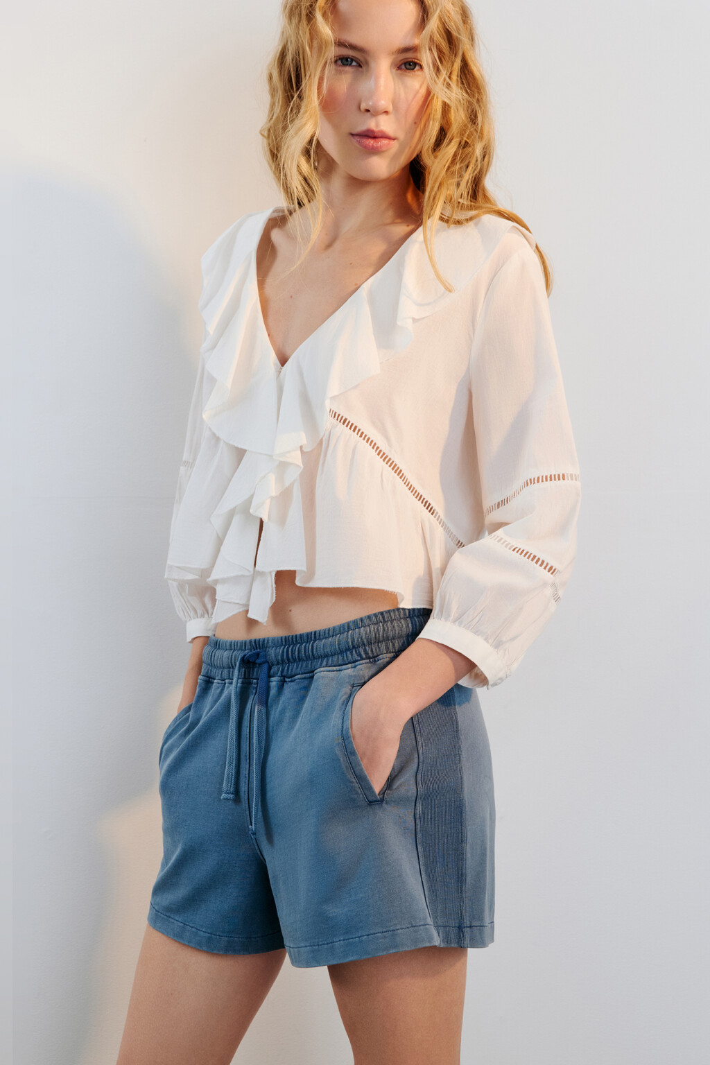 Шорты трикотажные с вареным эффектом - цвет синий - 1