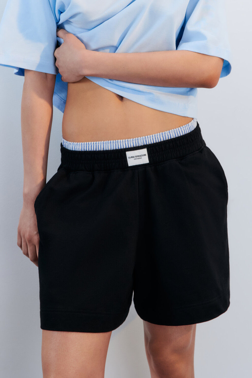 Шорты хлопковые с двойным поясом - цвет черный - 1