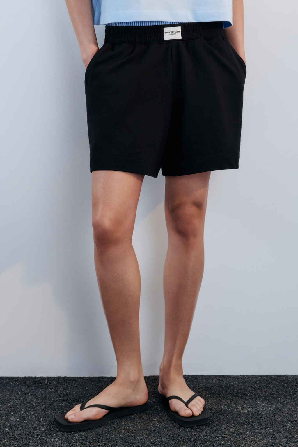 Шорты хлопковые с двойным поясом - цвет черный - 2