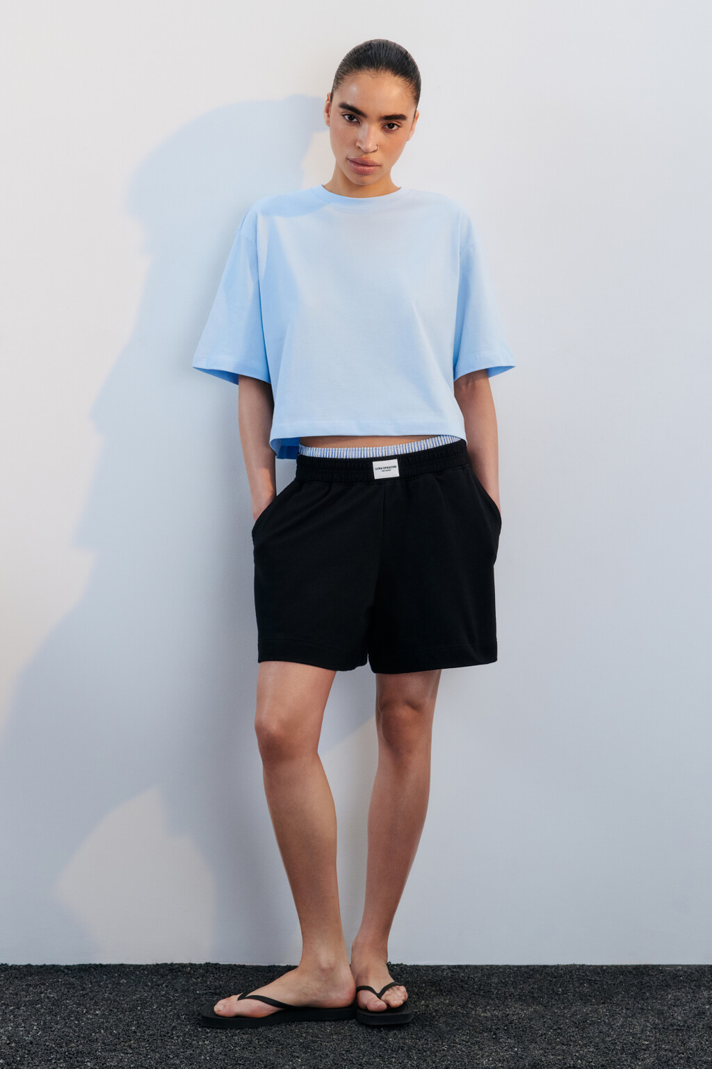 Шорты хлопковые с двойным поясом - цвет черный - 4