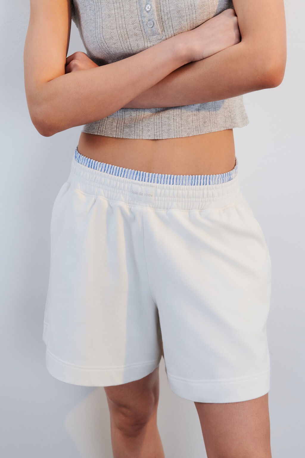 Шорты хлопковые с двойным поясом - цвет молочный - 1