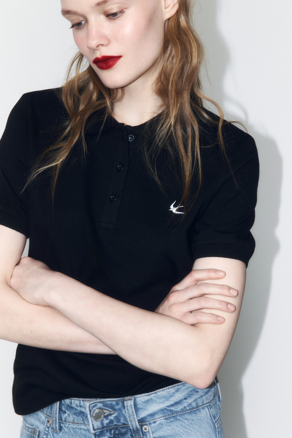 Футболка-поло облегающая с вышивкой - цвет черный - 1