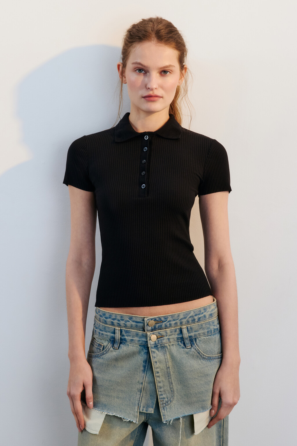 Футболка-поло приталенная в рубчик - цвет черный - 2