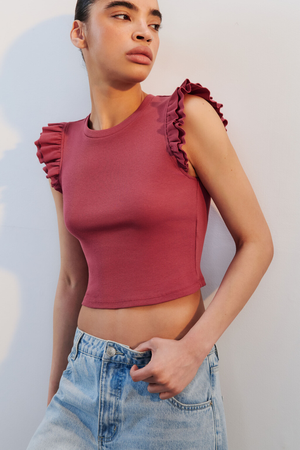 Топ в рубчик с рукавами-крылышками - цвет розовый - 1