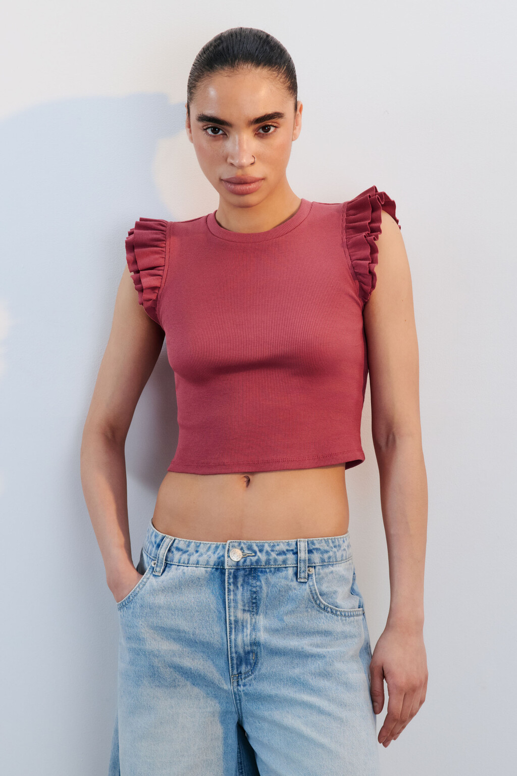 Топ в рубчик с рукавами-крылышками - цвет розовый - 2