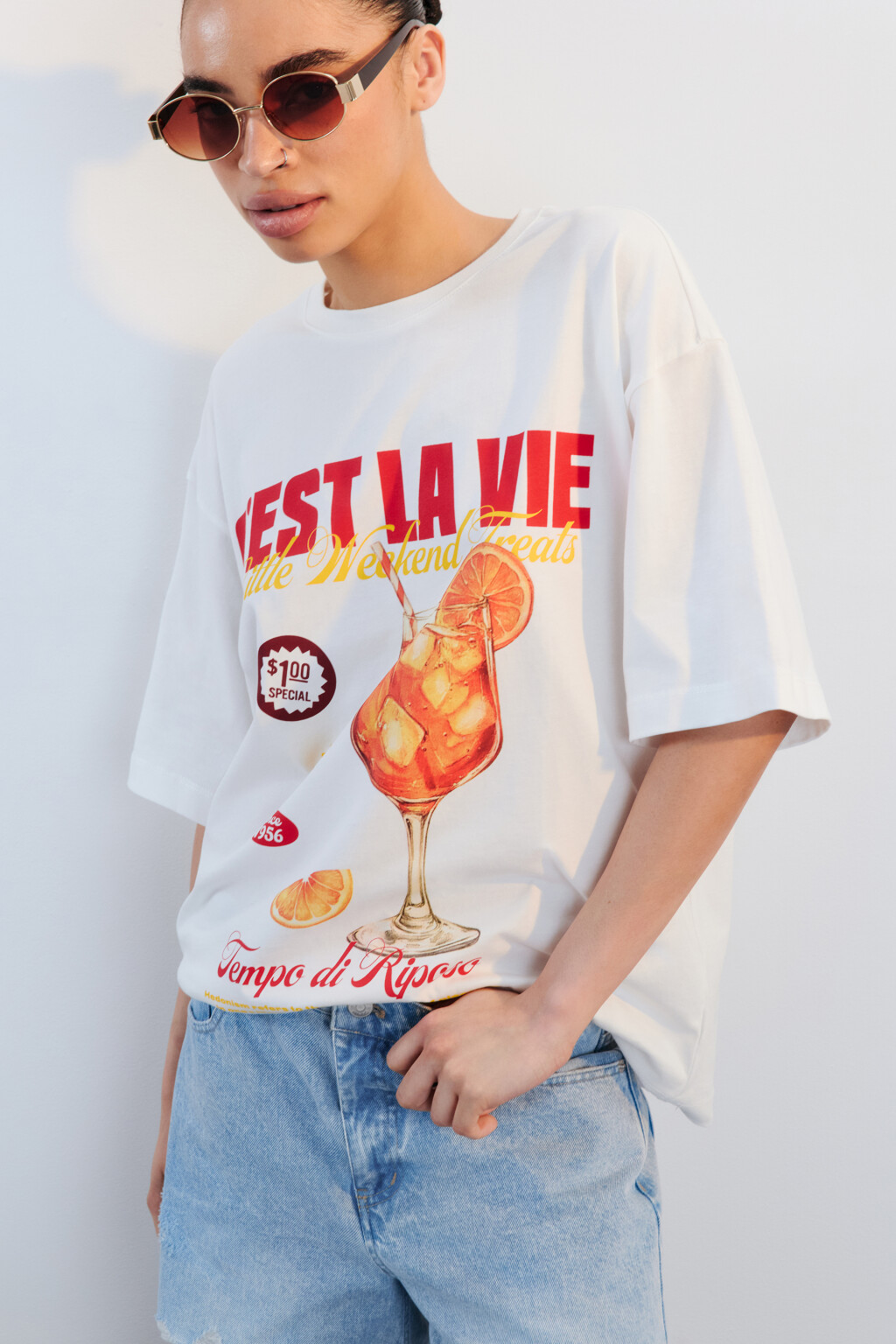 Футболка хлопковая с принтом - цвет бежевый - 1