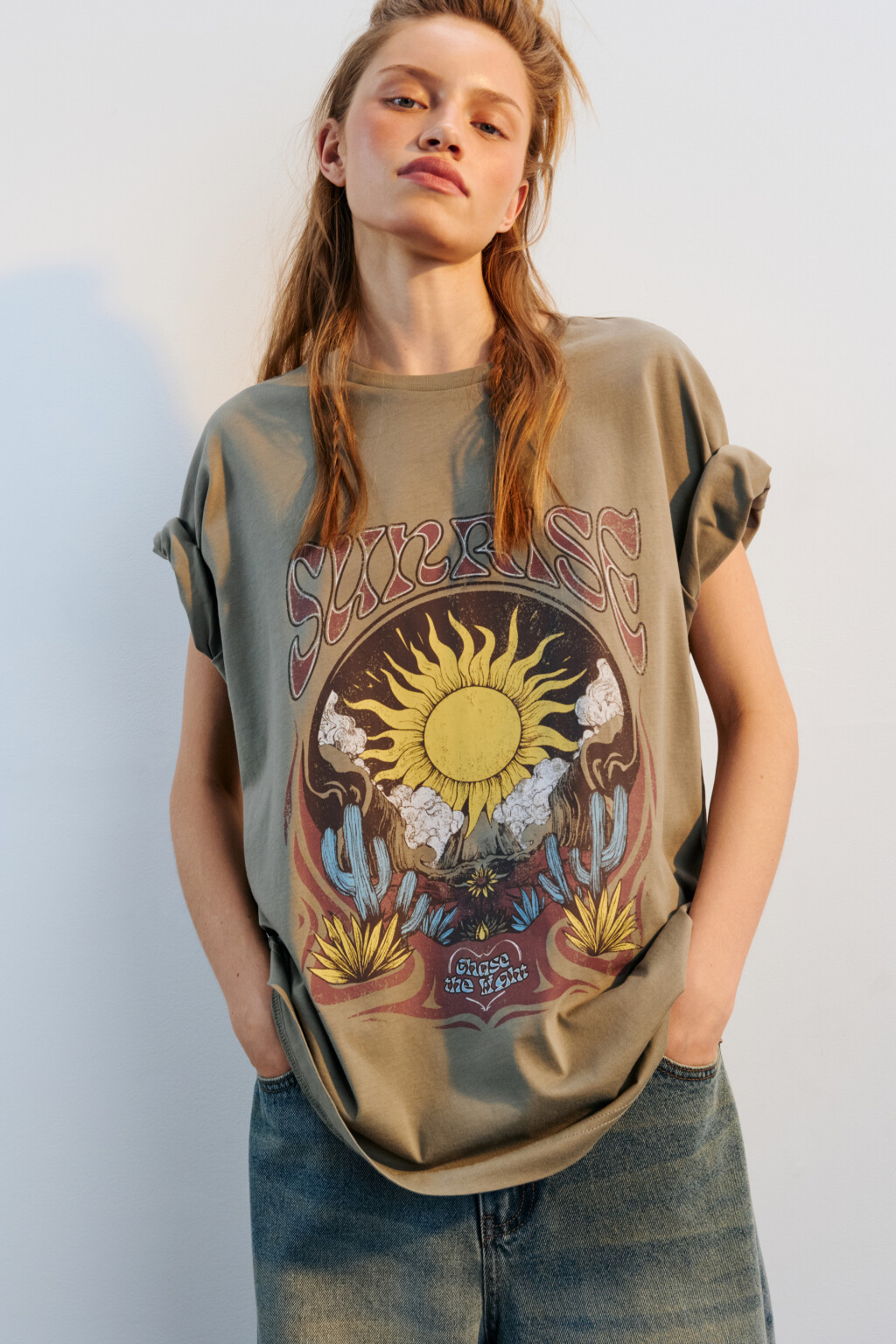 Футболка oversize с принтом - цвет зеленый - 1