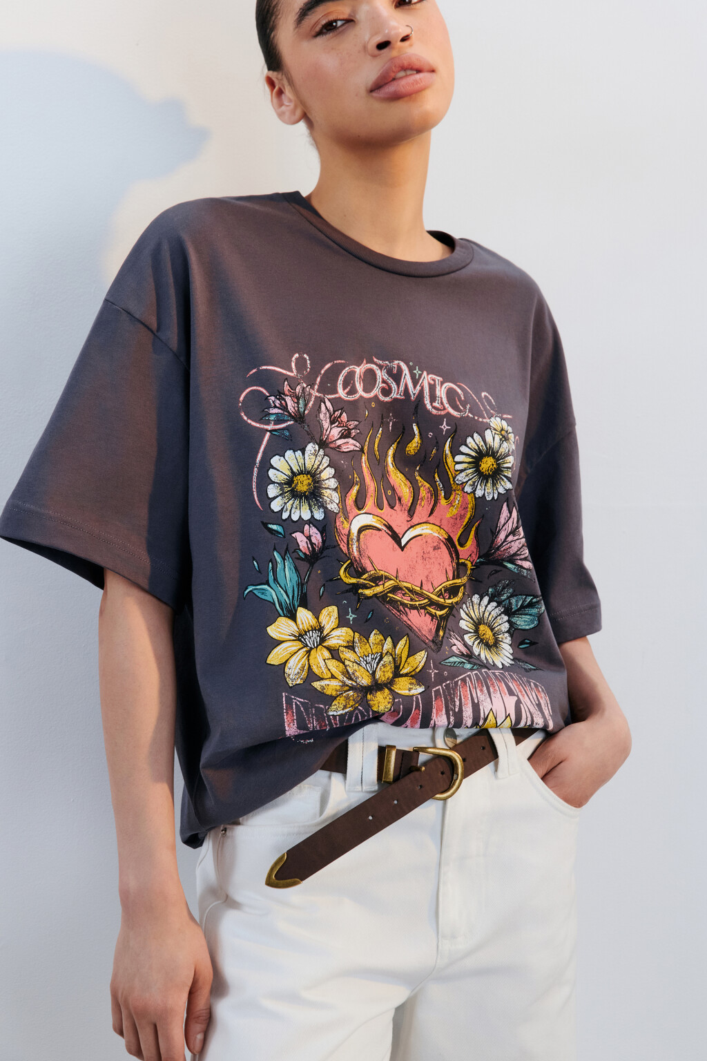 Футболка oversize с принтом - цвет серый - 1