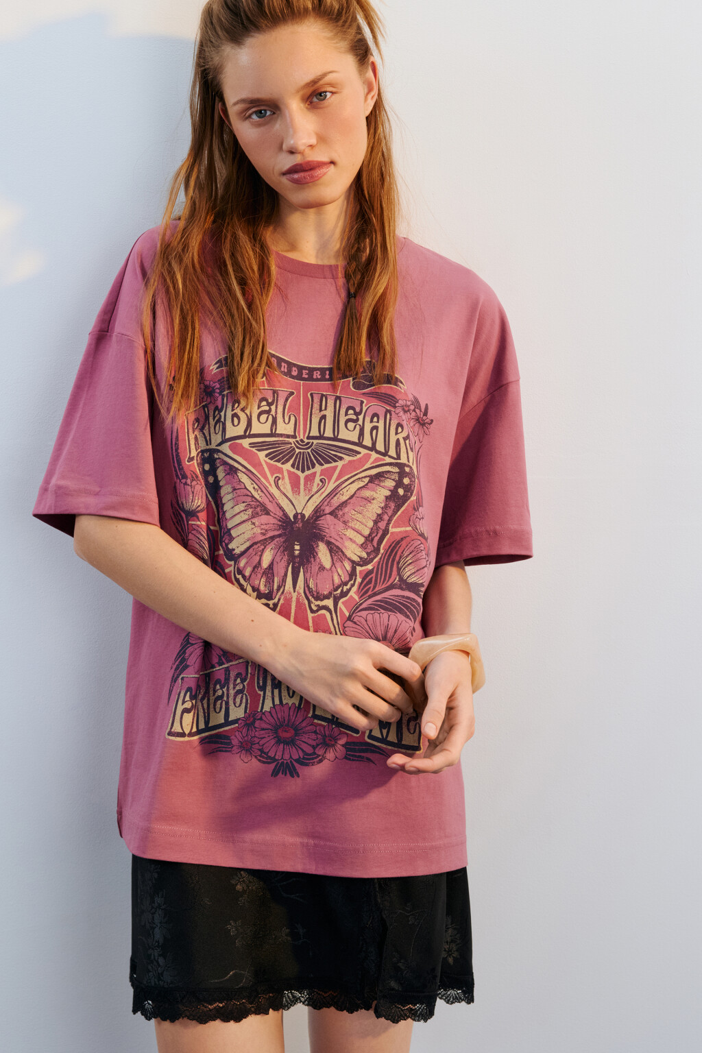 Футболка oversize с принтом - цвет розовый - 1