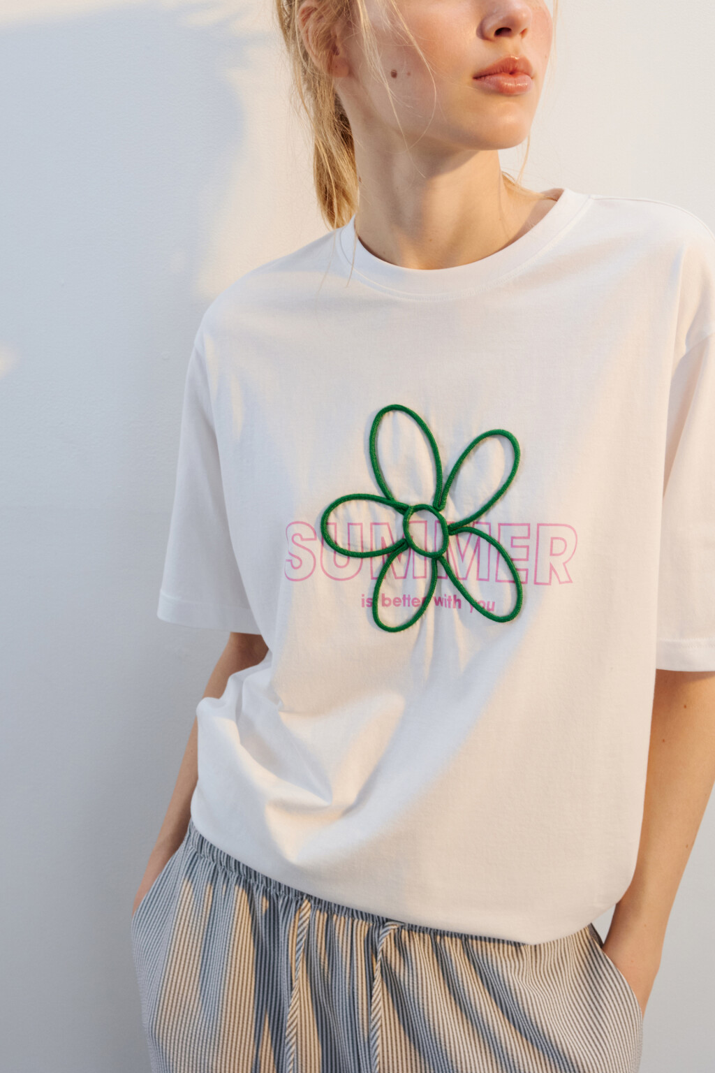 Футболка хлопковая с декором из шнурка - цвет белый - 1