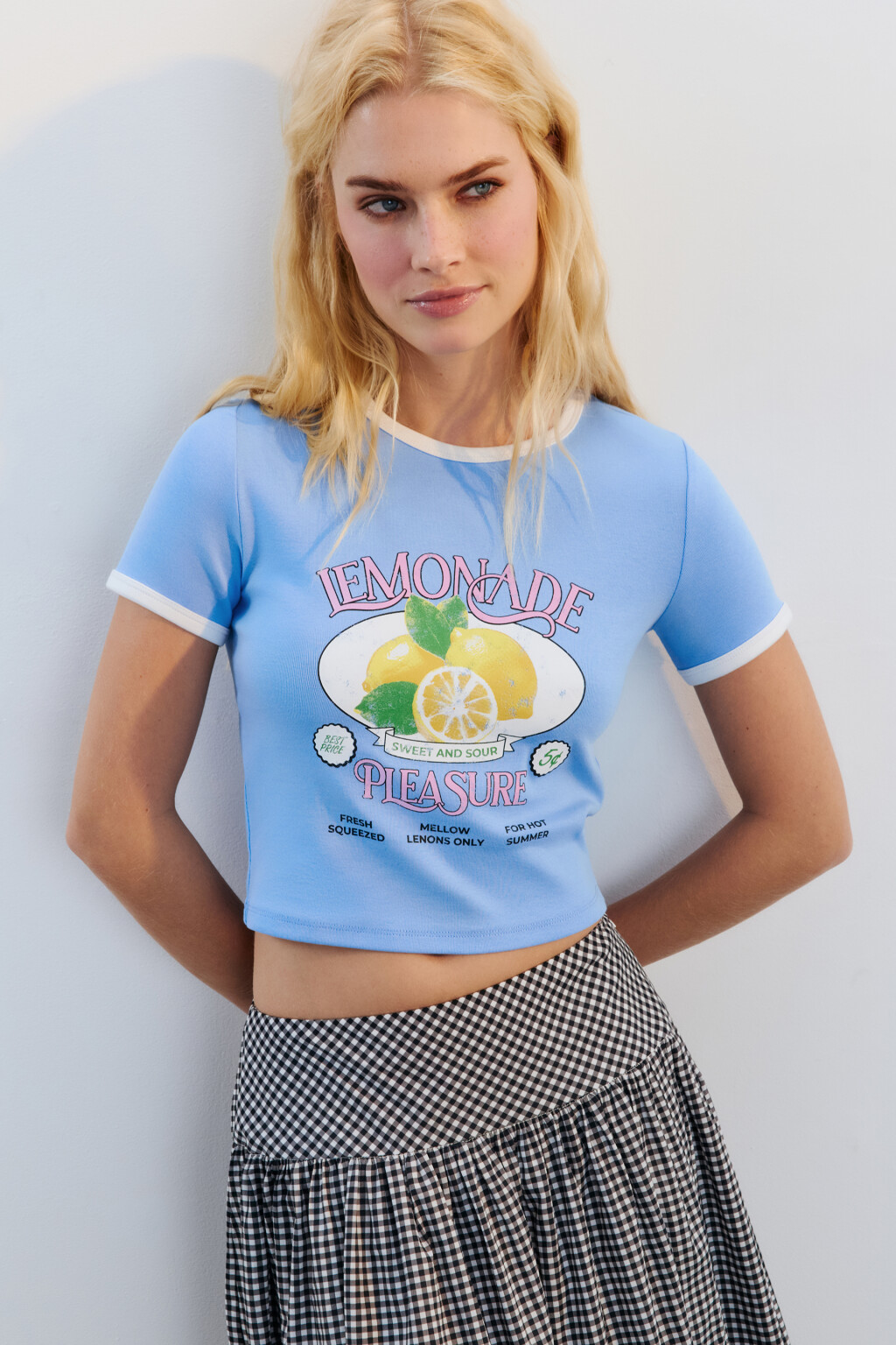 Футболка-топ хлопковая с принтом - цвет голубой - 1