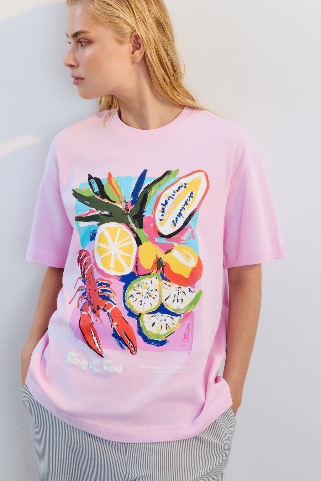 Футболка хлопковая с принтом - цвет розовый - 1