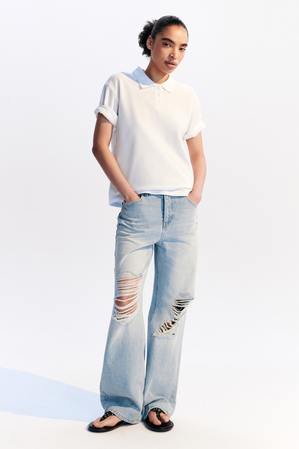 Футболка-поло хлопковая с застежкой на груди - цвет белый - 4