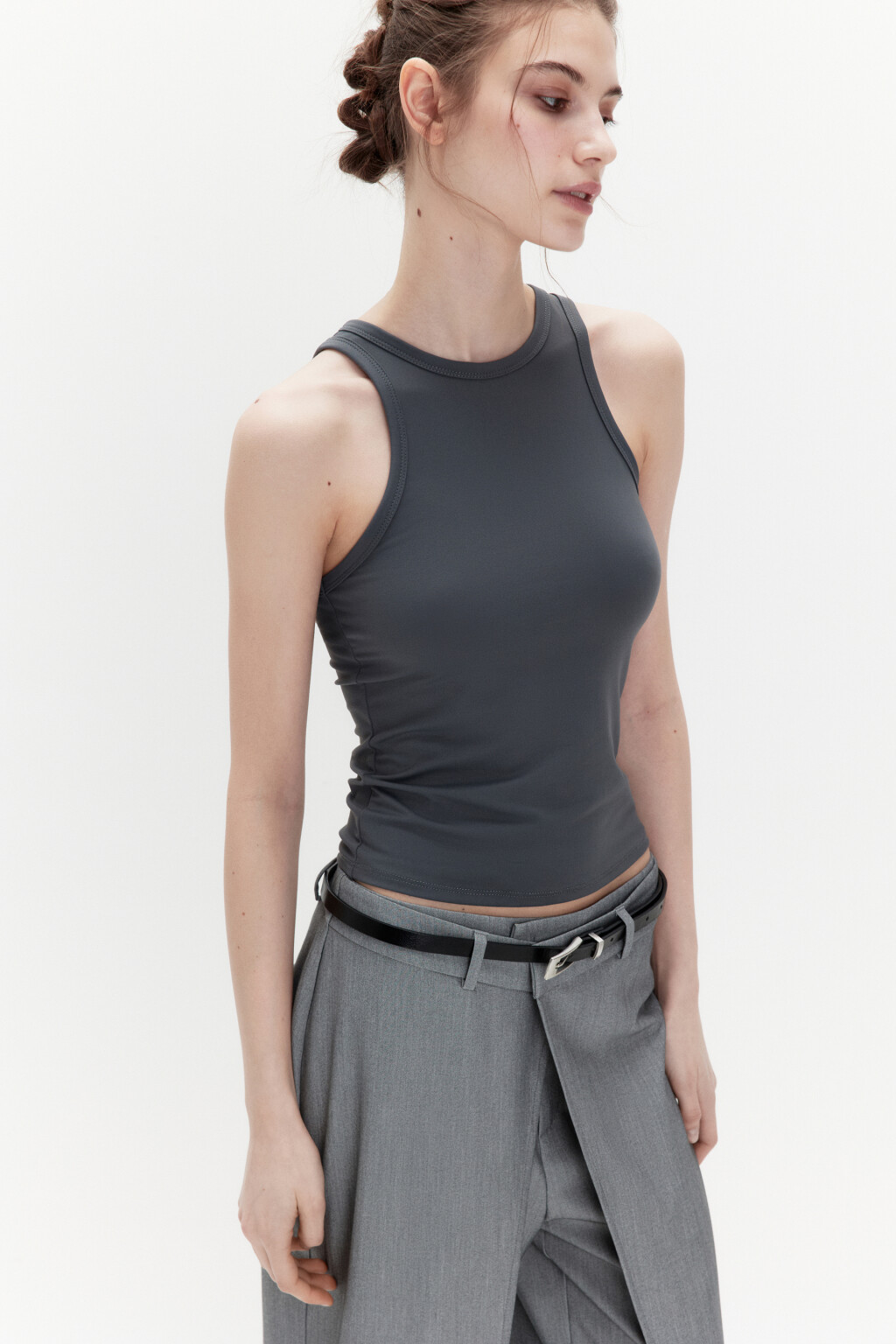 Майка гладкая облегающая на широких бретелях - цвет серый - 1