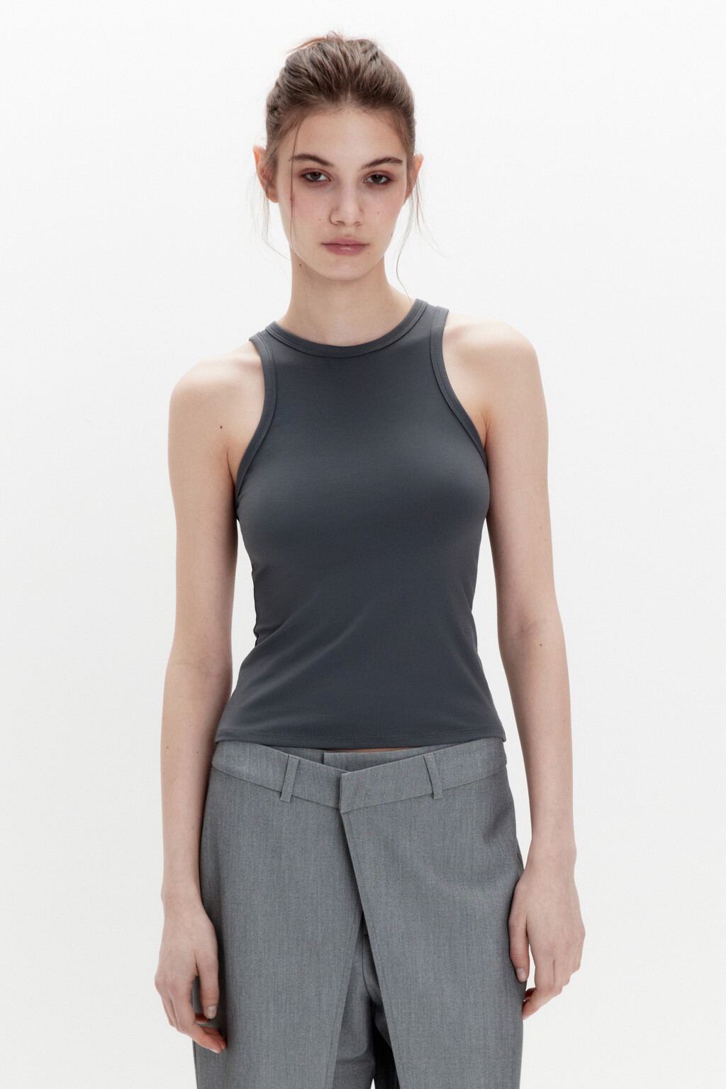 Майка гладкая облегающая на широких бретелях - цвет серый - 3