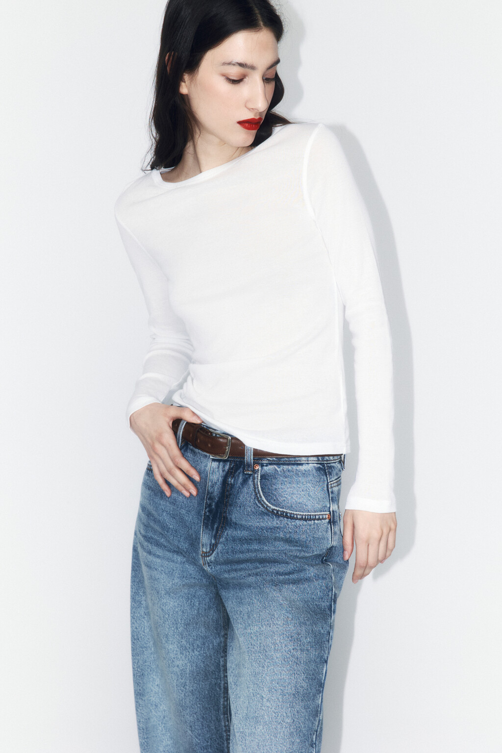 Лонгслив из тонкого хлопкового трикотажа - цвет белый - 1