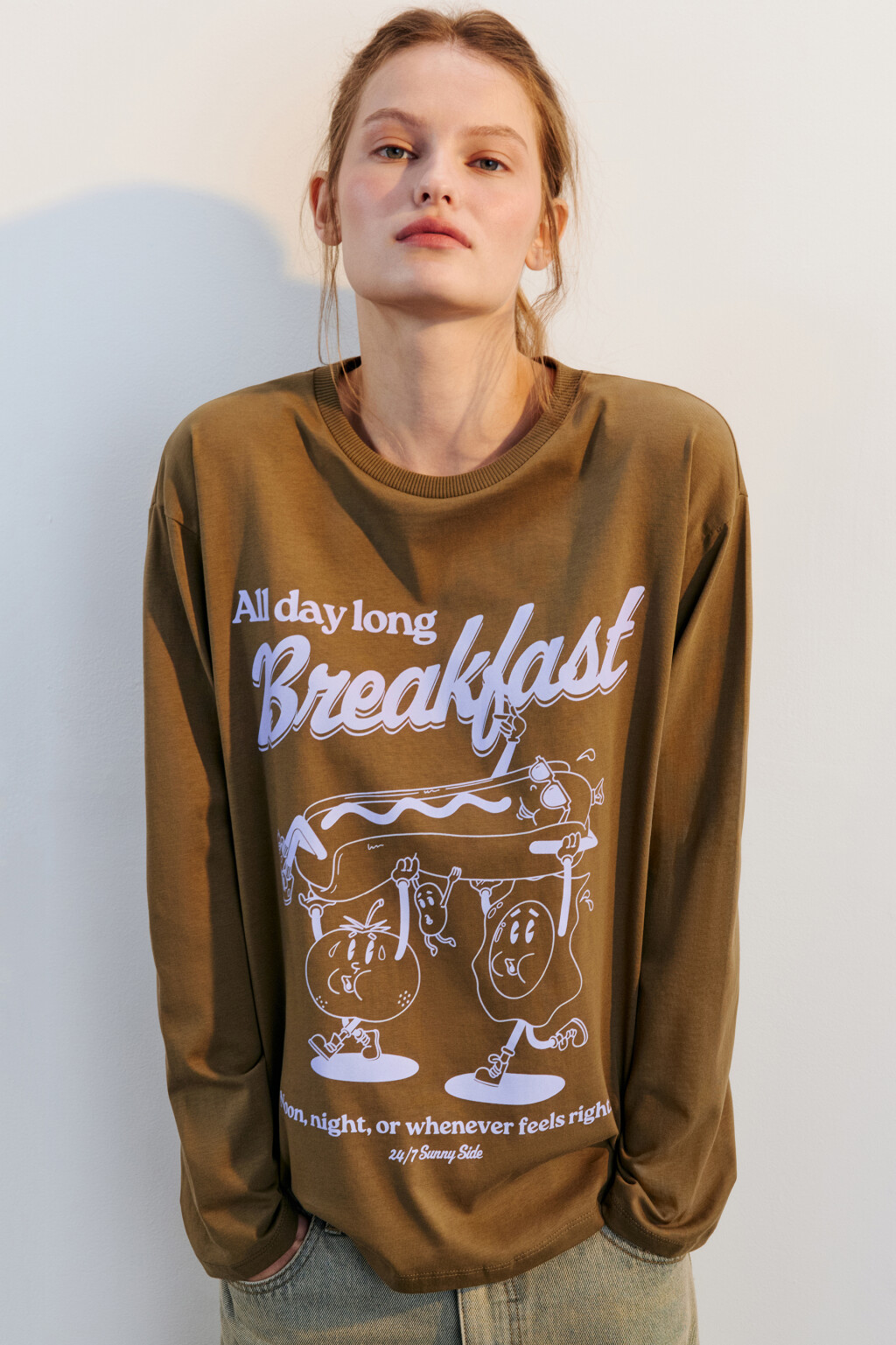 Лонгслив хлопковый с принтом - цвет зеленый - 1