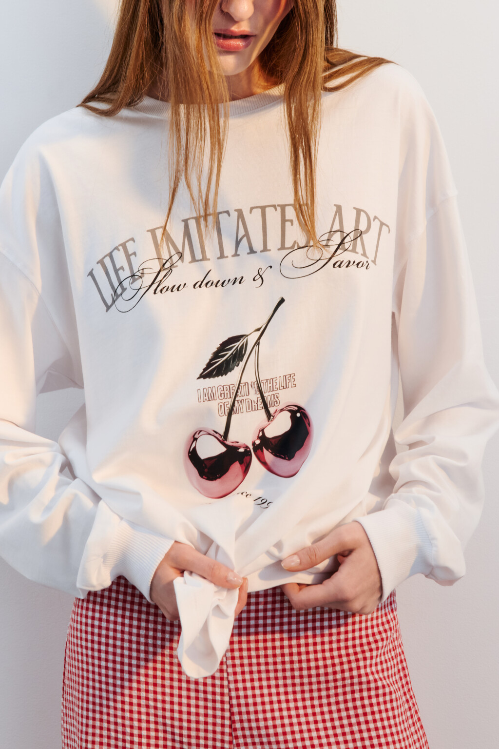 Лонгслив хлопковый с принтом - цвет бежевый - 1