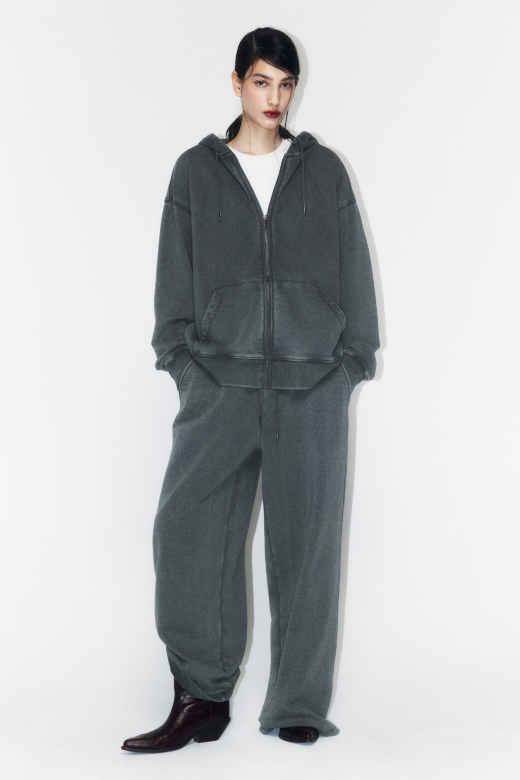 Худи-зипка из футера с вареным эффектом - цвет зеленый - 5