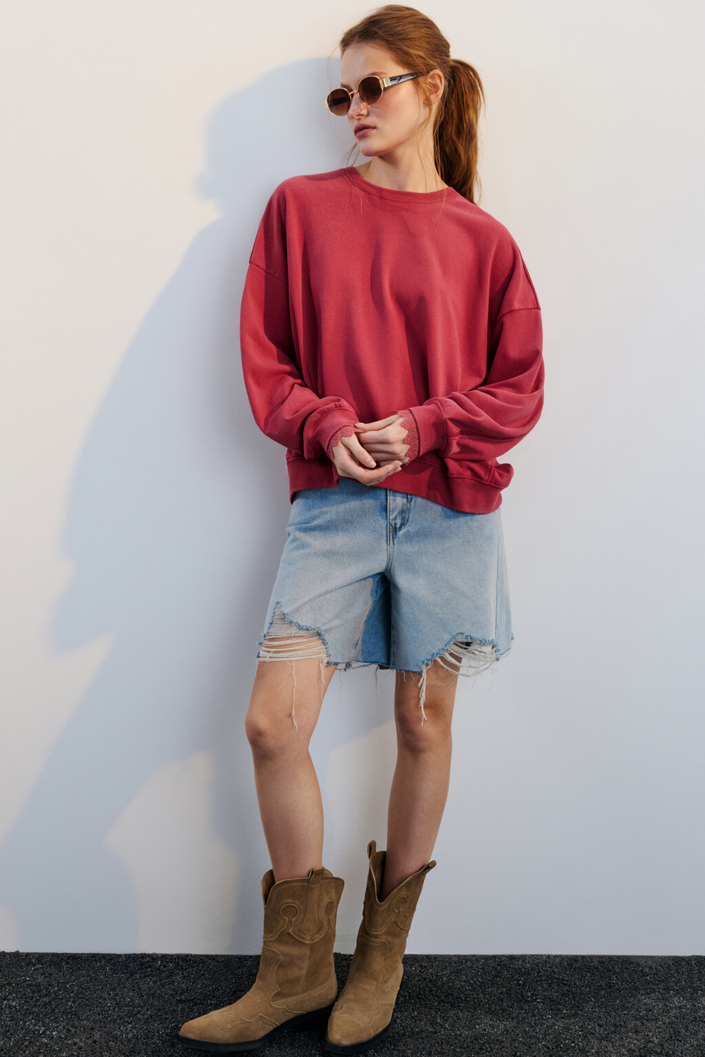 Свитшот из футера с кружевом - цвет розовый - 1