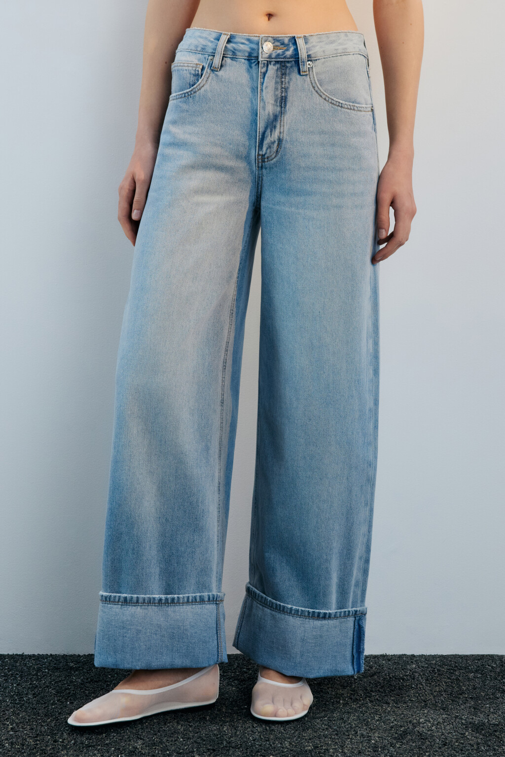 Джинсы wide leg широкие с подворотами - цвет голубой - 2