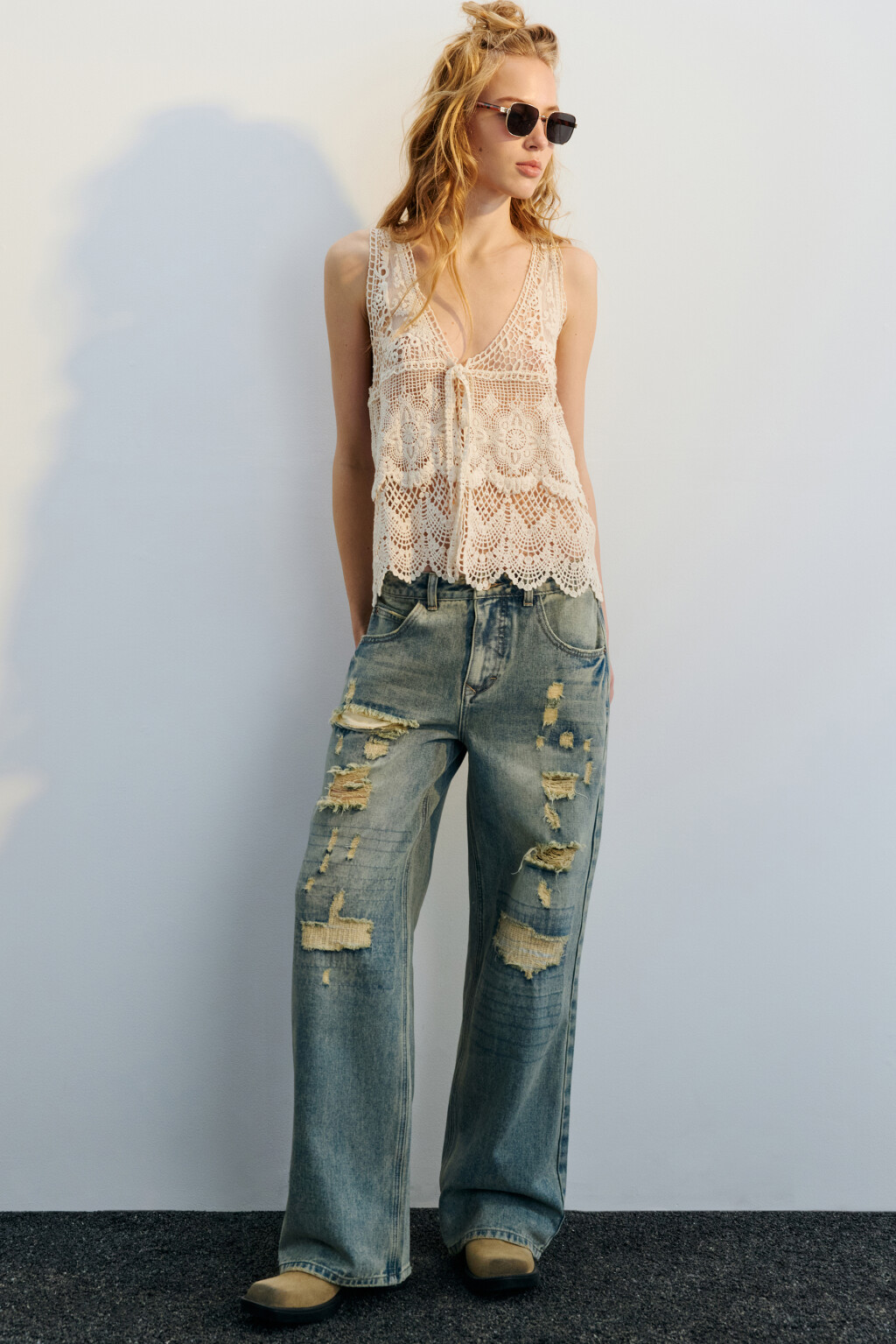 Джинсы baggy fit широкие рваные - цвет темный тинт - 1